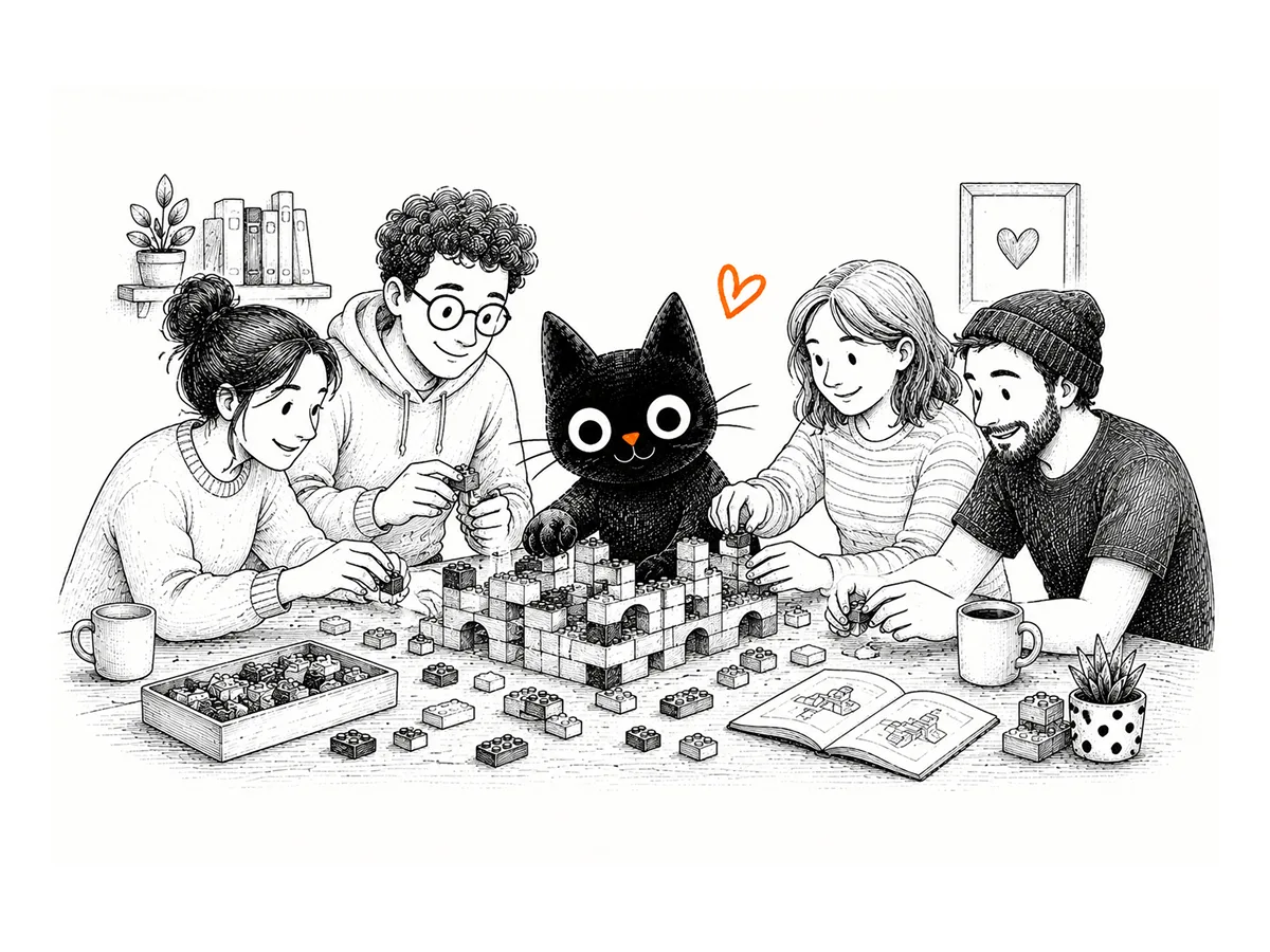 People and a friendly black cat building together at a studio table