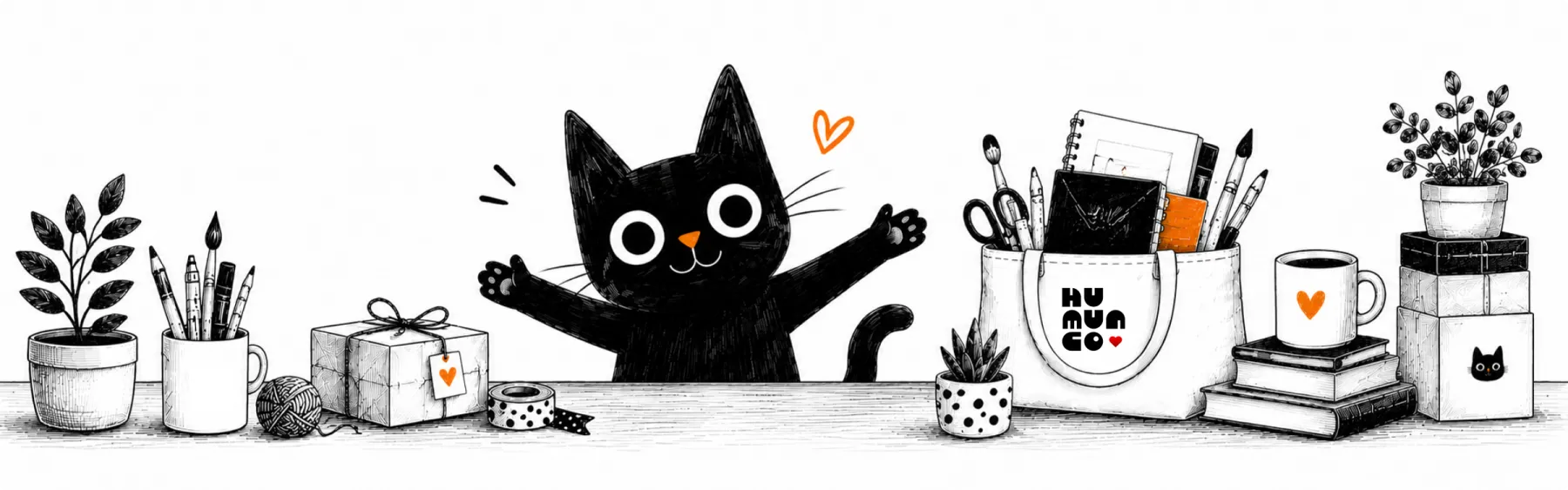 A friendly hand-drawn black cat with open arms welcoming you, among Humunco's handmade crafts