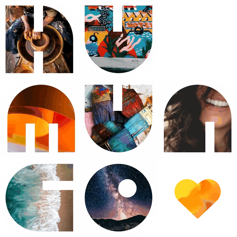 The word Humunco spelled with photographs of art, craft, and nature
